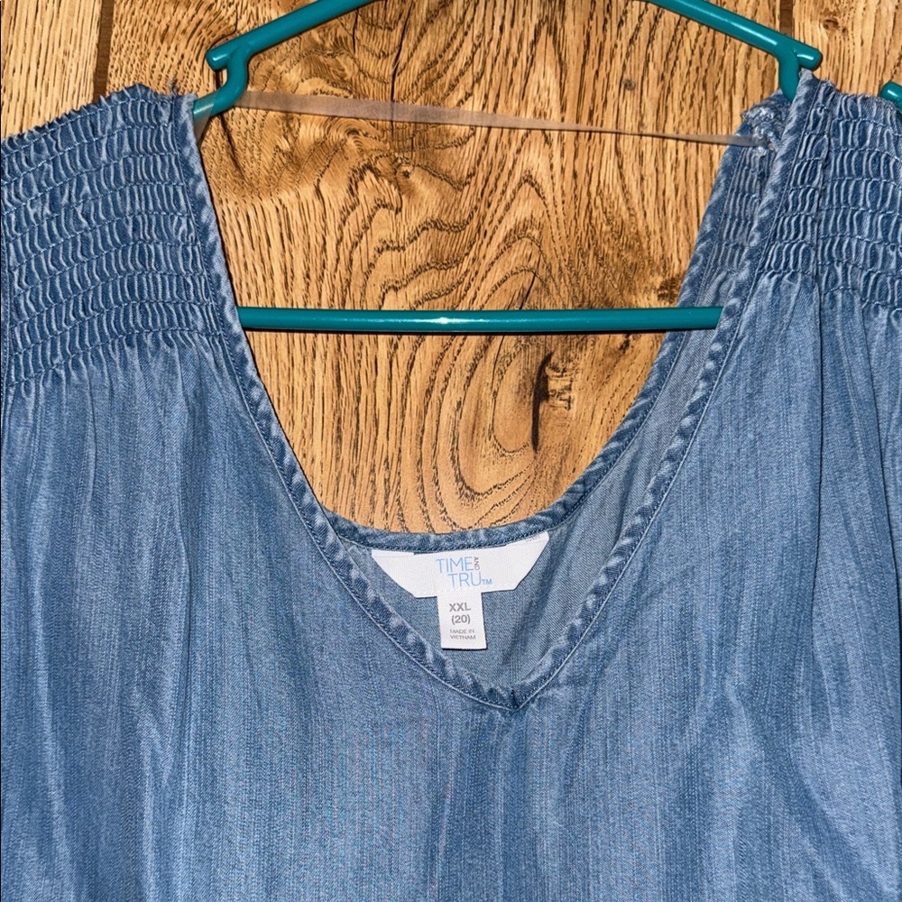 Time and Tru Blue Sleeveless V-Neck Tank Top with Smocked Straps - Picture 3 of 6